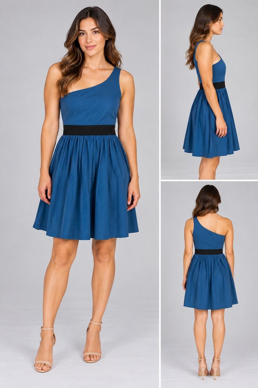 Bebop Womens One Shoulder Dress Short Empire Waist Blue Black Stretchy Large